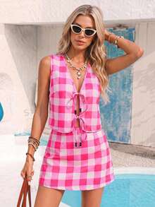 Vivid Eden Women's Plaid Vacation Tie-Up Tank Top And Sweet Skort Two Pieces Set - Hot Pink - View 8