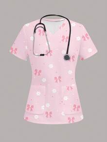 PopScrub Women's Scrub Cute Bow & Daisy Print Top, Pet Hospital - Multicolor - View 4