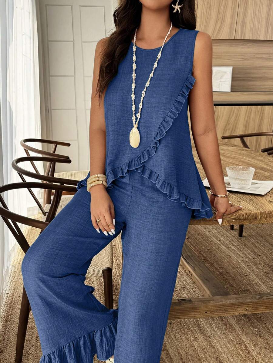 Louniche Women's Spring/Summer Casual Vacation Asymmetrical Hem Ruffle Design Sleeveless Loose Pants Two Pieces Set, Suitable For Daily Vacation Wear - Blue - View 1