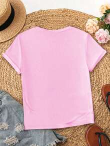 INAWLY Kaos Wanita Kasual Lengan Pendek Leher Bulat dengan Bordir Huruf & Buku, Musim Panas - Berwarna merah muda - View 2
