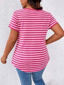 EMERY ROSE Plus Size Women's Striped Pattern V-Neck Short Sleeve T-Shirt - Multicolor - View 2
