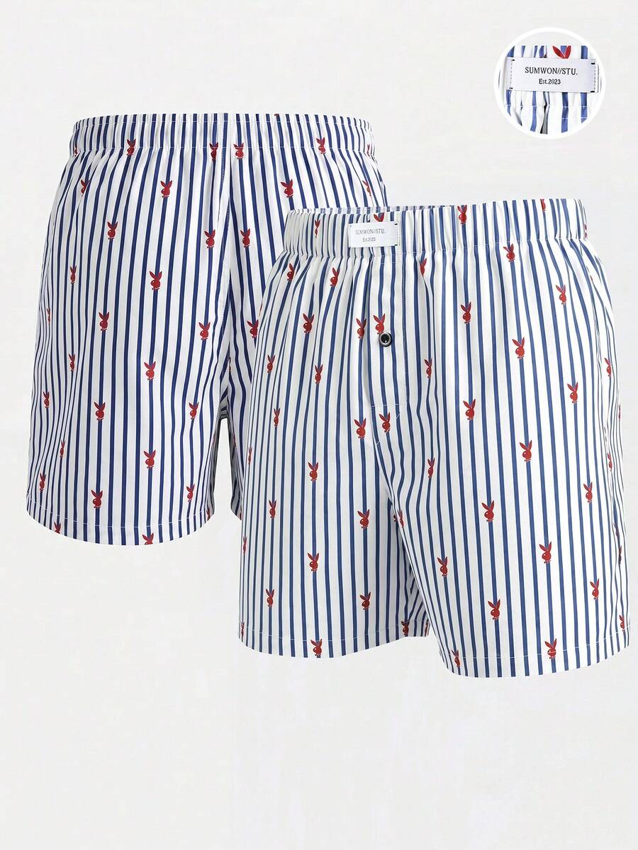SUMWON Bunny Logo Striped Woven Boxer Shorts For Men With Elastic Waist And Button Fly - Blue and White - View 1