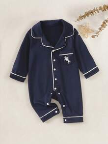 SHEIN Vintaside Kids 新生兒居家連身睡衣，卡通恐龍印花圖案配滾邊飾邊，柔軟舒適面料 - 藏蓝色 - 查看 3