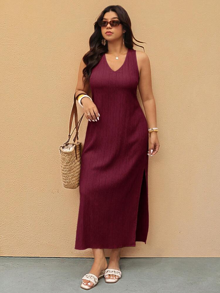 Elaquor Plus Size Casual Vacation Sleeveless V-Neck Lace Patchwork Split Hem Dress - Burgundy - View 6