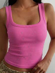 DAZY Top corto de tirantes anchos con cuello cuadrado, ajustado, de punto acanalado rosa con decoración de strass para mujer - Rosa - Ver 2