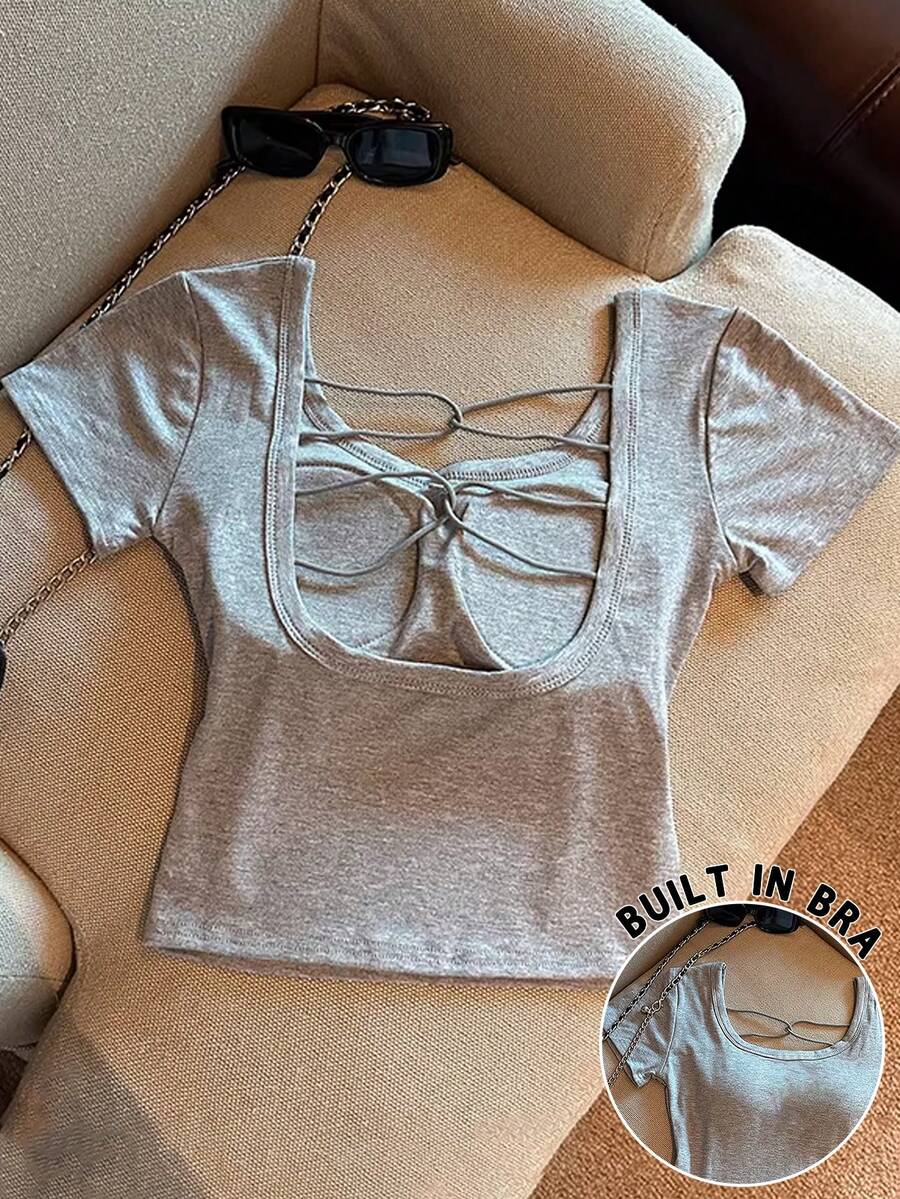 EMERY ROSE Hollow Out Back Padded Short Sleeve T-Shirt - Grey - View 1