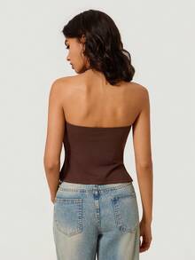 SHEIN BASICS 女款純色側開衩下擺修身掛脖背心 - 黑色 - 查看 7