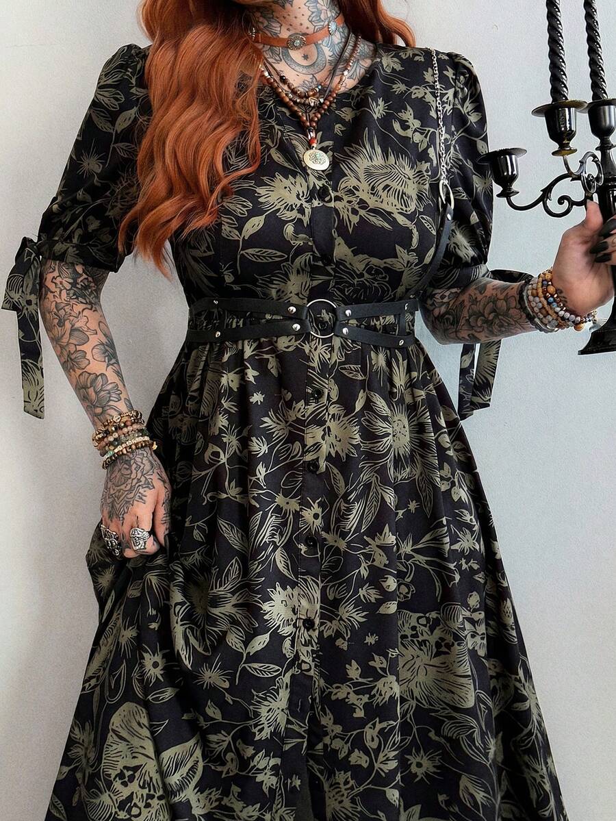 Whyspr Plus Size Spring/Summer Punk Vintage Butterfly Print Vacation Dress - Multicolor - View 1