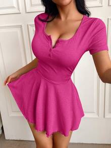 DUSKBASE Casual Comfortable Button Ribbed Ruffle Hem Women's Loungewear Dress - Hot Pink - View 3