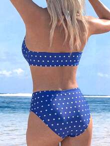 Swim Lushoire 女款夏季度假海灘藍白印花可拆式細肩帶抹胸高腰比基尼套裝 - 藍白色 - 查看 4