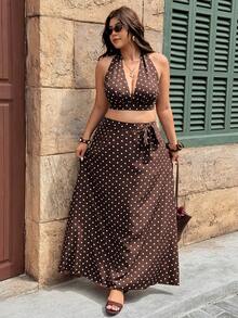Vionelle Spring/Summer Plus Size Women's Brown Halter Top Tie Waist A-Line Skirt Date Night Vacation Gentle Boho 1950s Vintage 90s 70's 80s Casual Beach Party - Multicolor - View 6