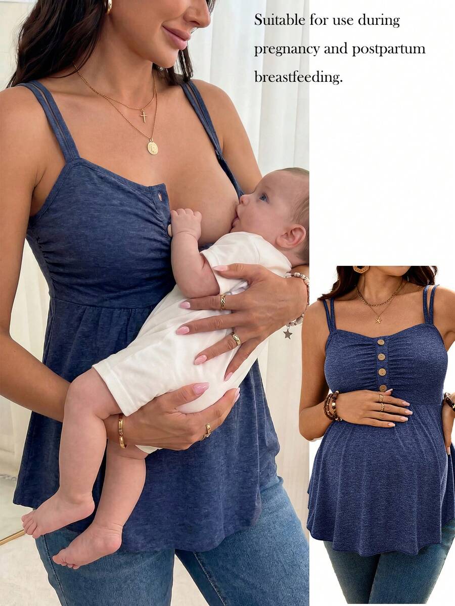 SHEIN Maternity Summer Casual Solid Color Camisole Nursing Top Perfect For Vacation - Navy Blue - View 1