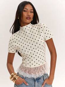 SHEIN BAE Vintage Minimalist Short Sleeve Contrast Lace Trim Commuter Versatile Women's Sweater - Beige - View 5
