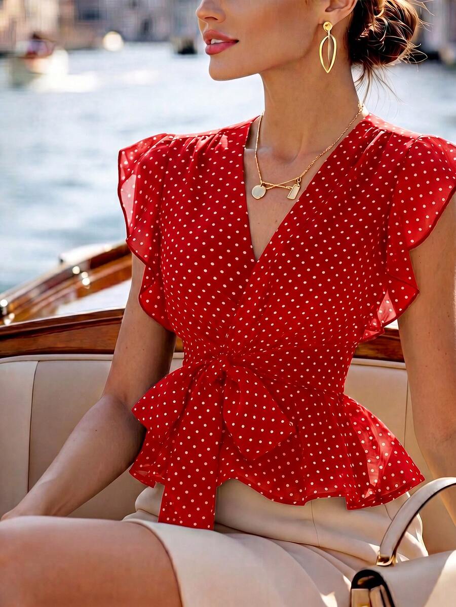SHEIN Summer Elegant Polka Dot V-Neck Belted Ruffle Hem Women's Blouse - Red - View 1