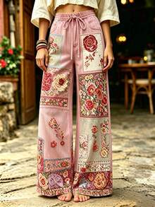 Selamara 波希米亞風花卉仿刺繡拼接粉色寬腿長褲，森林田園風夏季度假休閒長褲 - 彩色 - 查看 5