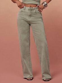 Vixey Calça Denim Reta de Cintura Média com Elastano, Streetwear Casual Elevado, Chique, Estilo Diário, Off Duty, Fim de Semana, Sair, Verde Sálvia, Verão - Caqui - Visão 2