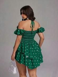 Viva Relle Plus Size Women Polka Dot Print Ruffle Off-Shoulder Halter Neck Fashion Dress - Green - View 2