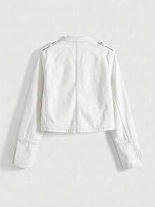 ROMWE Grunge Punk Nautical Punk Vintage Metal Buckle Distressed Washed Denim Thin Jacket Coat - White - View 6