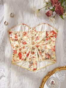 Myrelith Vintage Oil Painting Rose Print Corset With Front Hook-And-Eye Closure, Back Lace-Up Waist Cincher And Boning Dinner Red - Multicolor - View 2