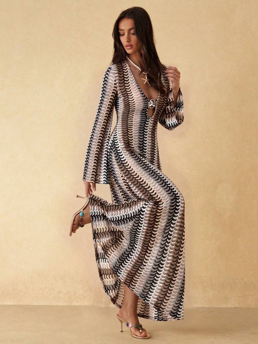 Silquee Spring/Summer Women's Mesh Knit V-Neck Long Sleeve Dress - Multicolor - View 1