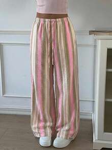 SHEIN EZwear 休閒極簡度假風粉色編織不對稱條紋女款長褲，適合春夏海灘穿著，25%棉 - 彩色 - 查看 9