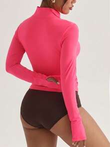 SHEIN Dewbera Spring/Autumn Plus Size Women's Sports Jacket, Dopamine Magenta Long Sleeve Regular Fit Stand Collar Contrast Color Neon Green Full Zip Solid Color Fashion Versatile, Suitable For Daily Casual, Running, Yoga, Gym, Tennis, Golf - Hot Pink - View 2