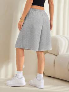 SHEIN PETITE 女款春夏街頭風度假日常穿著返校休閒運動基礎款寬鬆低腰百慕達跨襠褲 - 灰色 - 查看 2