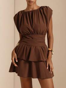 Elafinee Women's Summer Elegant Casual Solid Color Waist-Cinching Dress Brunch Date Coffee Brown - Brown - View 6