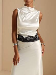 Elafinee Satin Sleeveless Waist Pleated Colorblock Lace Patchwork Elegant French Women's Blouse Wedding Dinner White And Black Summer - White - View 3