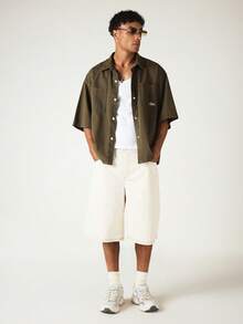 SUMWON Sunc Boxy Fit Short Sleeve Twill Overshirt With Chest Pockets And Snap Buttons Summer Casual - Green - View 3