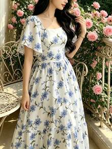 Modelyn 碎花白蓝长款连衣裙，女士时尚方领泡泡袖短款连衣裙，温柔气质长裙，夏季休闲度假风连衣裙 - 彩色 - 查看 3