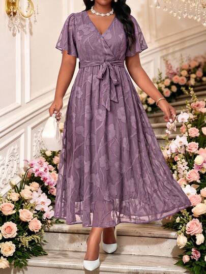 Fleurora Vestido de fiesta elegante de talla grande con unicolor y recortes
