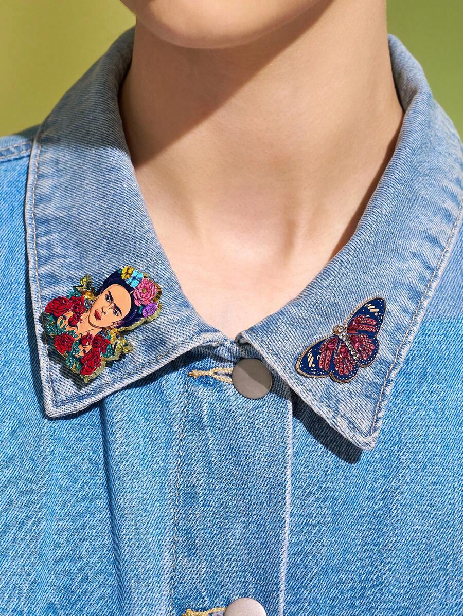 Frida Kahlo X SHEIN 2件組藝術鋅合金胸針別針套裝,女性包包吊飾裝飾,適合作為禮物、收藏、紀念品,水鑽設計 - 彩色 - 查看 1