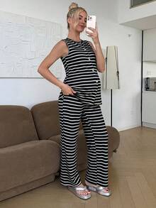 SHEIN 孕婦條紋單排扣上衣與長褲休閒日常兩件套 - 黑與白 - 查看 6