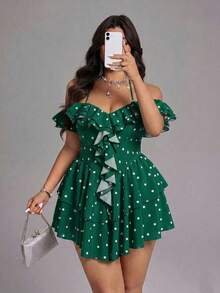 Viva Relle Plus Size Women Polka Dot Print Ruffle Off-Shoulder Halter Neck Fashion Dress - Green - View 1
