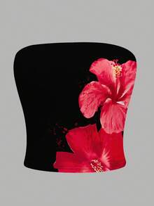 INAWLY Y2K 芙蓉花图案抹胸 - 黑色 - 查看 3
