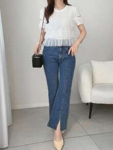 FRIFUL Women's Summer Casual Solid Color Mesh Patchwork T-Shirt - White - View 7