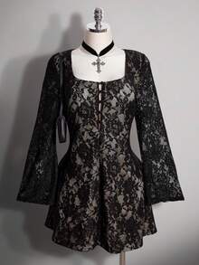 SHEIN ICON 女款大尺碼方領蕾絲喇叭袖洋裝 - 黑色 - 查看 10