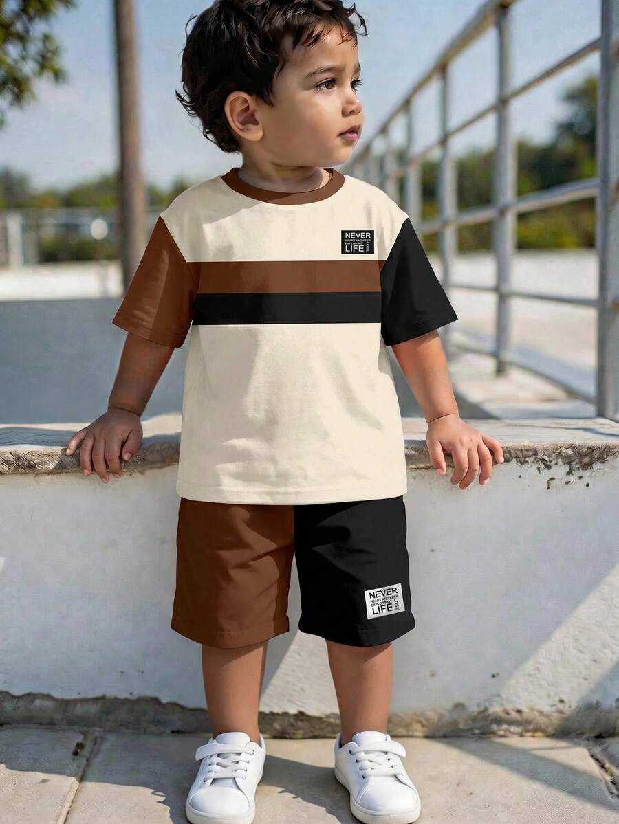 Young Boy Casual Minimalist T-Shirt Set, Classic Retro Striped Pattern Print, Text Logo Print, Suitable For School, Spring Summer Back-To-School - Multicolor - View 1