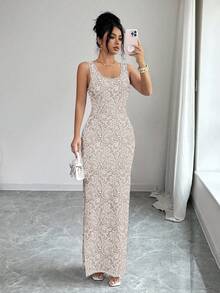 SHEIN Elenzya 精致印花中国风束腰开衩奢华复古中东阿联酋风格长袍，紧身剪裁，多色可选，无袖，高品质面料 - 杏色 - 查看 1