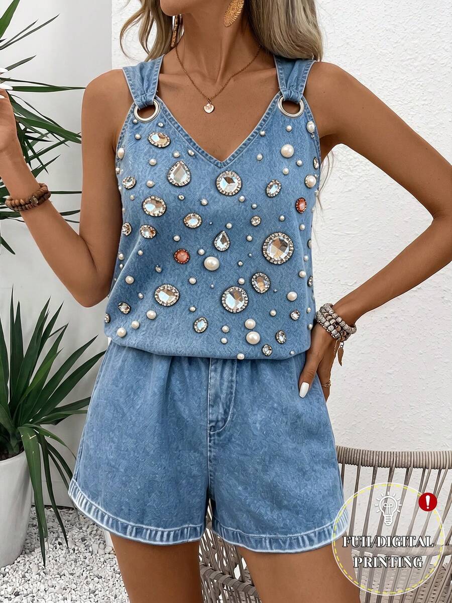 EMERY ROSE 女款休閒度假極簡時尚沙灘兩件套 女款沙灘裝兩件套 夏季女裝兩件套 夏季新款 夏季套裝圖案 女款波希米亞風 女款沙灘度假服飾 外出波希米亞風兩件套 夏季度假服飾 夏季女裝 熱帶度假套裝 藍色兩件套 - 藍色 - 查看 1