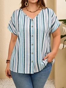Rosumi Plus Size Women's Striped Batwing Short Sleeve Single-Breasted Casual Shirt - Blue - View 4