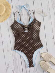 Swim Mod Women's Summer New Beach Swim Fashion Vacation Sweet Cute Colorblock Polka Dot Print 2 In 1 Design One-Piece Triangle Bikini Swimsuit Yellow Polka Dot Swimsuit Sexy Halter Backless Suitable For Beach Swimming Vacation Summer - Multicolor - View 5