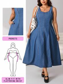 Solflare Plus Size Women Summer Sleeveless Casual Denim Dress Vacation Outfits - Blue - View 2