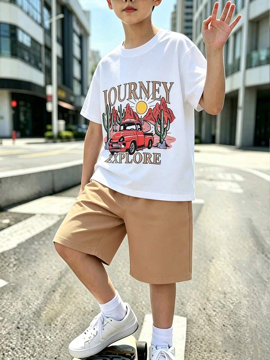 2件組男童休閒標語汽車印花圓領短袖T恤與卡其色短褲套裝,舒適面料,時尚版型,春夏新款,適合多季節與多場合 - 卡其色 - 查看 1