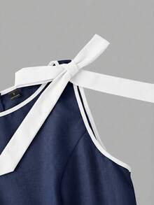 SHEIN Girlism Teen Girl Jumpsuit And Romper, Round Neck Sleeveless Navy Blue Jumpsuit, Contrast Trim, Bow Decor, Waist-Cinching Design, A-Line Skirt Hem - Vintage Court Style, Exuding Old Money Vibe, Suitable For Work, Back To School, Party, Holiday And Birthday Occasions. - Navy Blue - View 4