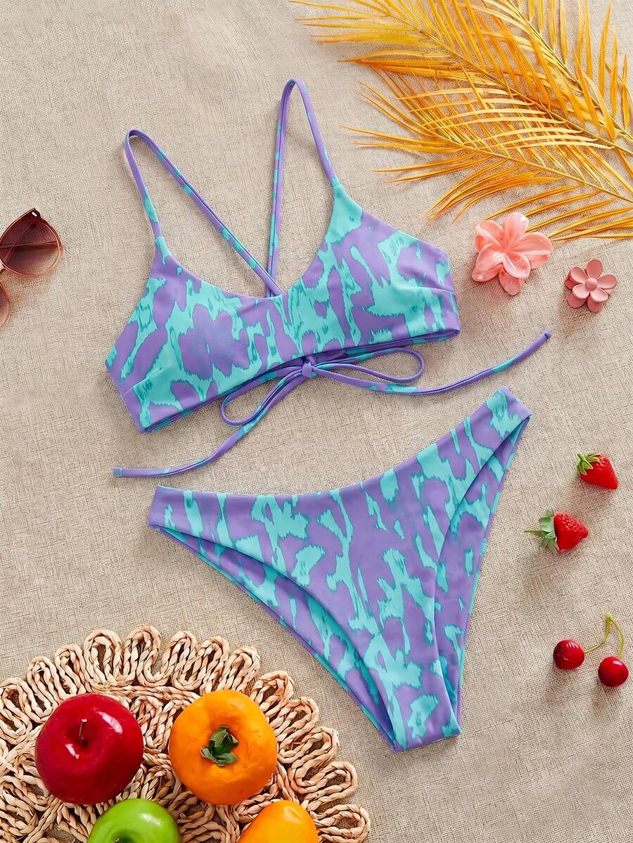 Swim Mod 女款夏季海灘紮染性感時尚比基尼兩件式泳衣套裝,無鋼圈 - 淡紫色 - 查看 1