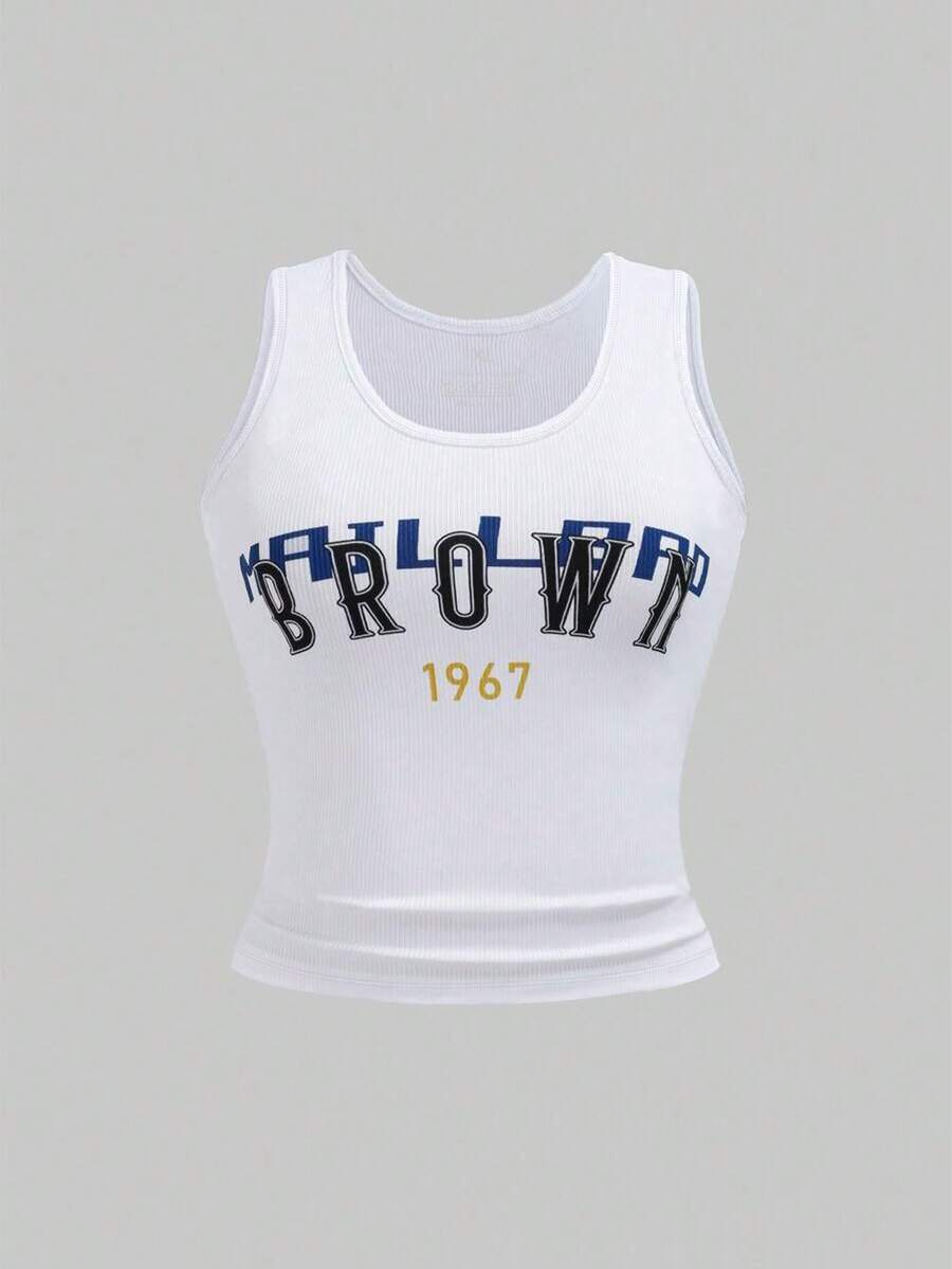EMERY ROSE Plus Size Women's Slim Fit Letter Print Tank Top Graphic Tees Women Tops - Multicolor - View 1