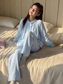 DAZY Ropa de otoño para niñas preadolescentes Conjunto de ropa de estar en casa con estampado de corazones en todo el Body y ribete de contraste - Azul - Ver 3