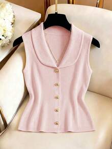 SHEIN Franclia New Commuter Elegant Fashion Design Lapel Sleeveless Knit Top, Summer Holiday, Fashion Commuter New French Elegant Slim Fit Sleeveless Top, Suitable For Summer Vacation Wear - Pink - View 3